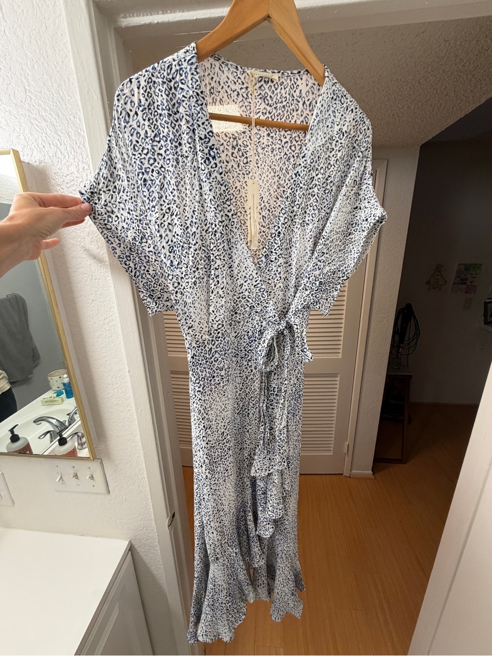 Love Stitch Blue and White Leopard Print Midi Wrap Dress